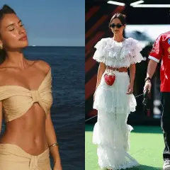 Alexandra Saint Mleux en bikini junto al mar y con un vestido blanco de encaje, junto a Charles Leclerc.