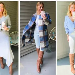 Tres looks de mujer con botas beige: con falda gris, abrigo de cuadros y jeans blancos.