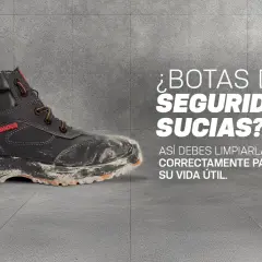 Botas de seguridad sucias con polvo y barro. Aprende cómo lavar botas de seguridad correctamente para prolongar su vida útil.