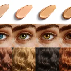Muestras de bases de maquillaje, ojos de distintos colores y cabellos. Ideal para la **colorimetria primavera**.