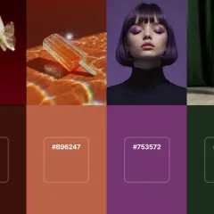 Paleta de colores de invierno: mariposas doradas, paleta de naranja brillante, modelo con maquillaje púrpura y mojito verde.