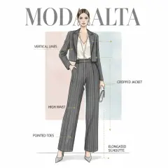 Ilustración de moda con traje a rayas verticales, chaqueta corta y pantalones de talle alto para estilizar piernas.