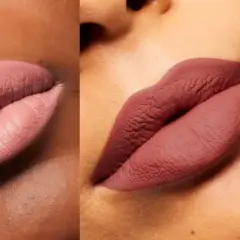 Labios con acabado mate en tonos rosados y un vibrante color granate.
