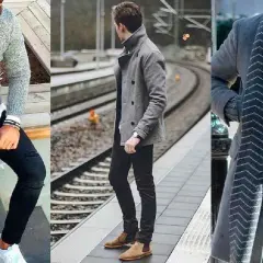 Tres hombres con atuendos grises y negros, mostrando cómo los colores que combinan con el gris crean looks elegantes y modernos.