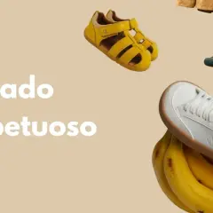 Calzado respetuoso que es cómodo y natural, como un paseo por el campo. Sandalias amarillas, zapatillas oscuras y deportivas blancas sobre plátanos.