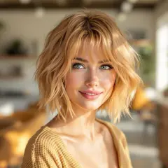 Mujer joven con un corte wolf cut rubio y ojos azules, sonriendo cálidamente.