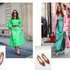 Combinaciones complementos para vestido verde: zapatos fucsia y morados, bolso rojo y abrigo rosa.