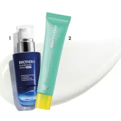 Rutina de noche: serum azul retinol Biotherm y protector solar SPF 50. Descubre cómo aplicar retinol para una piel radiante.