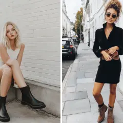 Mujer con vestido blanco y botines negros, y otra con vestido negro y botines marrones.