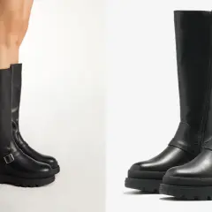 Botas altas negras con hebillas y suela gruesa, vistas de frente y de perfil.