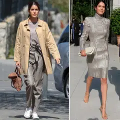Sofia Palazuelo luce elegante con un vestido plateado y un bolso de mano. En otra imagen, lleva un look casual con gabardina y pantalones de cuero.