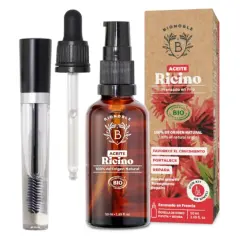 Kit para el cuidado del cabello: aceite de ricino para el pelo en frasco de vidrio con gotero y cepillo aplicador.