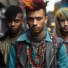 Cuatro jóvenes con peinados llamativos y ropa de estilo punk, incluyendo chaquetas de cuero y collares elaborados, posan juntos.