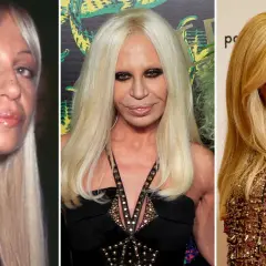 Donatella Versace joven y en diferentes etapas de su vida, mostrando su icónica melena rubia y su evolución de estilo.