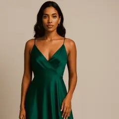 Mujer con vestido verde esmeralda, mostrando diferentes tipos de verde en la tela satinada.