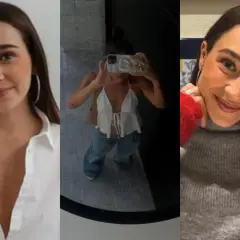 Olga Ríos en tres momentos: sonriendo con camisa blanca, selfie en espejo con top blanco y jeans, y con suéter gris y guantes rojos.