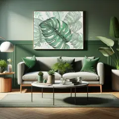 Sofá gris y cojines verdes crean un ambiente sereno. El arte de hojas tropicales y plantas vivas realzan la combinación de verde y gris.