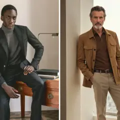 Dos hombres lucen estilos business casual: uno con traje gris y cuello alto, el otro con chaqueta marrón y polo.