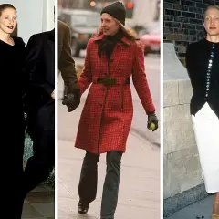 Carolyn Bessette-Kennedy luce elegante en tres atuendos: uno negro, uno rojo y uno blanco con negro.