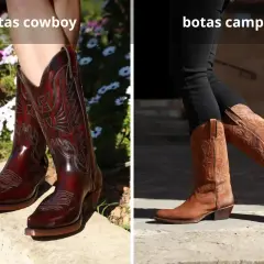 Diferencia entre botas y botines: botas cowboy rojas y brillantes junto a botas camperas marrones de ante.