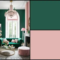 Elegante salón con sofá verde esmeralda, sillón rosa y detalles dorados. Los colores que combinan con verde esmeralda, como el rosa pálido, crean un ambiente sofisticado.