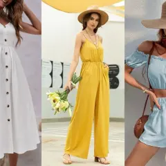 Tres looks de outfits verano mujer: vestido blanco, mono amarillo y conjunto azul.