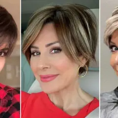 Tres mujeres con un moderno corte pixie. La primera, con pelo oscuro y flequillo. La segunda, con mechas rubias y volumen. La tercera, con un rubio desgastado y capas.