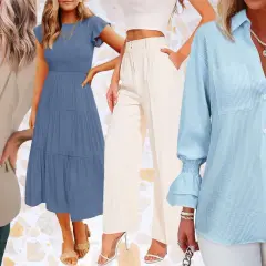 Conjunto de mujer con blazer beige, vestido azul, pantalones crema y camisa a rayas celestes. Ideal para un dress code business casual mujer.