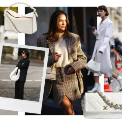 Estilos de moda callejera con un bolso blanco como accesorio clave. Looks que combinan bolso blanco con trajes, vestidos y conjuntos.