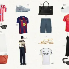 Estilo blokecore: camisetas de fútbol, zapatillas deportivas, bolso negro, falda blanca plisada, sandalias doradas y un vestido negro.