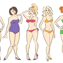 Cinco mujeres en traje de baño, cada una con una figura diferente, incluyendo una con curvas pronunciadas.