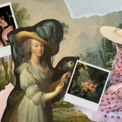 Collage con estética estilo cottagecore: retratos antiguos, un cuadro de una mujer en un columpio y una mujer con vestido de fresas.