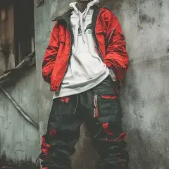 Persona con estilo urbano, chaqueta roja, sudadera blanca y pantalones cargo negros con detalles rojos.
