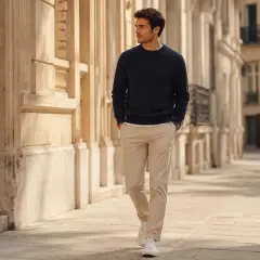 Hombre con jersey azul marino y **pantalón crema** camina por una calle adoquinada con edificios de piedra.