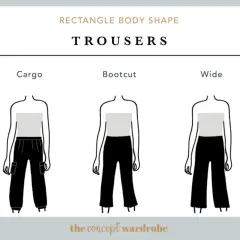 Ilustración de pantalones para cuerpo rectangular: turn-up, cargo, bootcut, wide y harem.