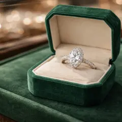 Anillo de compromiso ovalado con diamantes, uno de los tipos de anillo de compromiso más populares, en su caja de terciopelo verde.