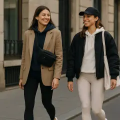 Dos mujeres pasean con estilo athleisure. Una lleva un blazer camel, sudadera azul marino y riñonera. La otra, gorra negra, bomber negra y sudadera crema.
