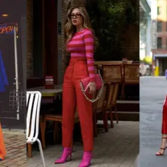 Tres mujeres lucen atuendos vibrantes. Una lleva naranja y azul, otra rosa y rojo, y la tercera morado y rojo. ¡Excelentes combinaciones de colores que combinan con el rosa!
