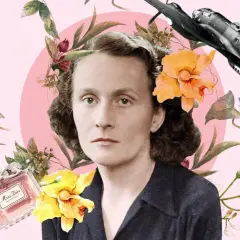 Collage con retrato de Catherine Dior, moda vintage, avión de guerra y flores.