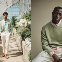 Un hombre con traje verde claro y pantalones crema, y otro con suéter verde claro y camisa rosa. Descubre que colores combinan con el verde claro.