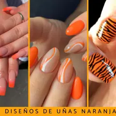 Uñas naranjas para el verano: degradado, con líneas blancas y naranjas, y diseño de tigre. ¡Perfectas para lucir radiante!