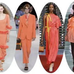 Modelos desfilan con atuendos en color coral oscuro, desde vestidos vaporosos hasta trajes elegantes, mostrando la versatilidad de este tono vibrante.