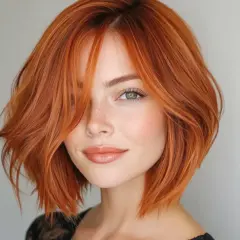 Mujer con cabello cobrizo y corte bob ondulado, ideal para cortes de pelo para dar volumen al pelo fino.