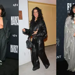 Odessa A'zion luce tres looks: uno con traje gris oversize, otro con chaqueta y pantalones de cuero, y un vestido plateado brillante.