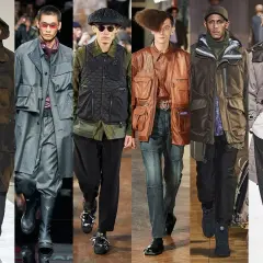 Modelos desfilan con abrigos y chalecos de estilo workwear, con múltiples bolsillos y texturas.