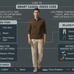 Hombre con vestimenta smart casual: polo marrón, chinos beige y mocasines. Ideal para oficinas modernas y eventos sociales.