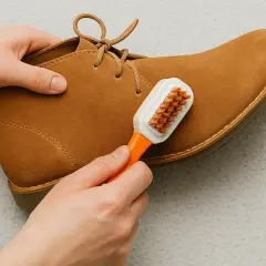 Manos cepillando un zapato de ante marrón. Aprende cómo limpiar antelina para mantener tus zapatos como nuevos.