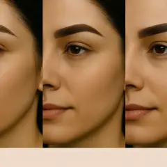 Tres miradas de una mujer con cejas tatuadas, mostrando diferentes estilos y resultados.