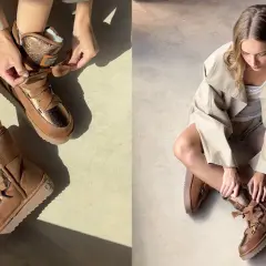 Manos atando cordones de botas serraje beige con detalles metalizados. Aprende como limpiar botas serraje beige.