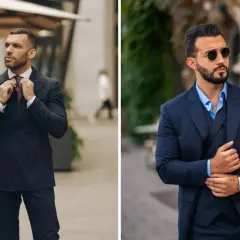 Dos hombres con trajes oscuros, listos para un evento de dress code cocktail hombre. Uno ajusta su corbata, el otro luce gafas de sol.